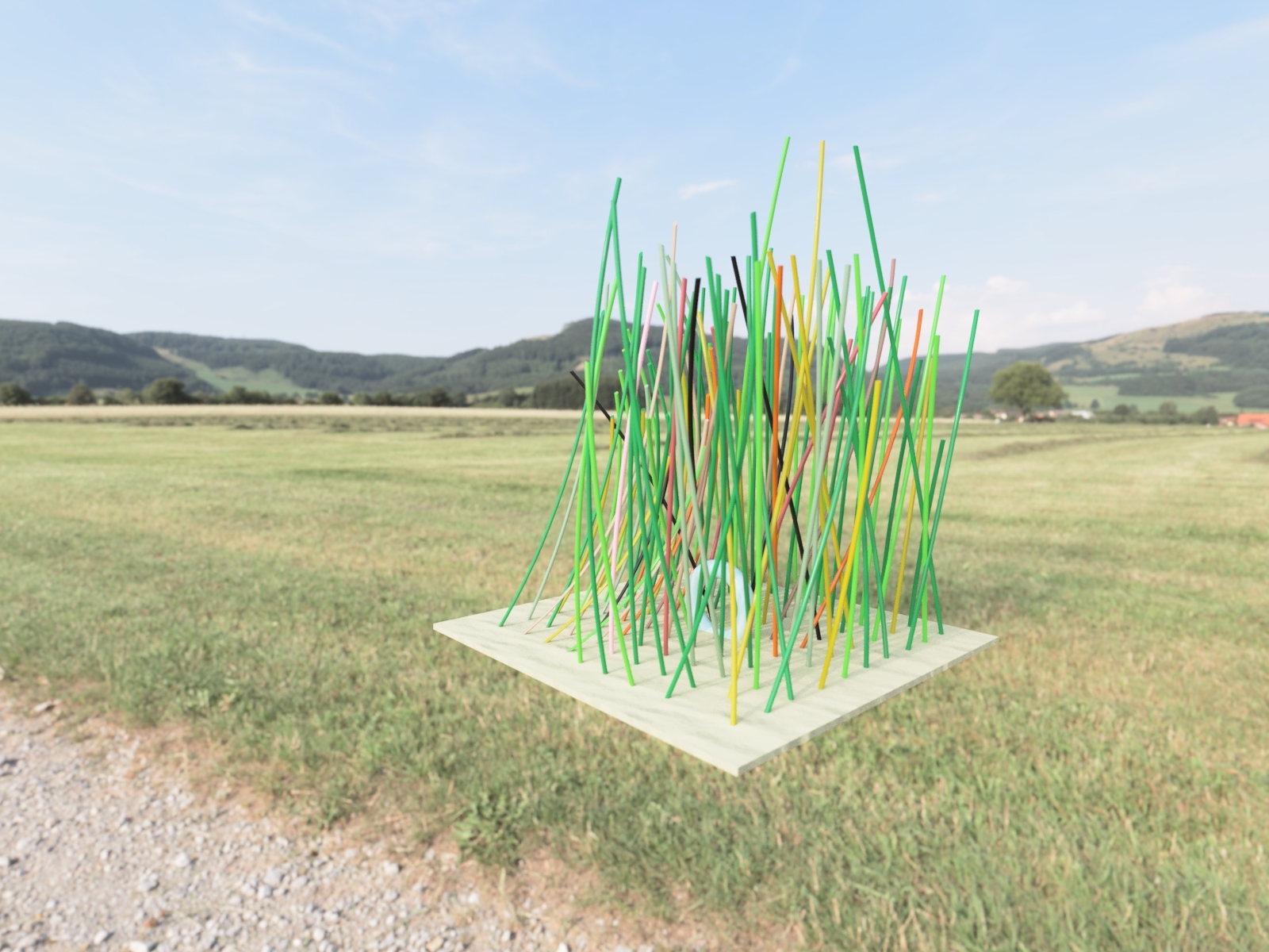 Medium painted steel rods and hardware, concrete, resin Alternative Text (125 char limit) An in situ render of a proposed placement (front faces west) of a design for an outdoor sculpture, each rod is colored as a native plant and bent as if windblown. Example placement of a design for an outdoor sculpture, each rod is colored as a native plant and bent as if windblown.